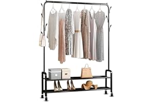 Vonia Kleiderständer, Kleiderständer auf Rollen Kleiderständer mit Schuhregal, Stabil, Schwarz, 102 x 34 x 157 cm