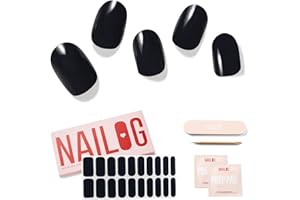 NAILOG Semi Cured Gel Nail Strips, Extra Long Nail Polish Strips (20 Pieces), Long Lasting Semi Cured Nail Stickers with Soft Glossy Gel Finish, Noir