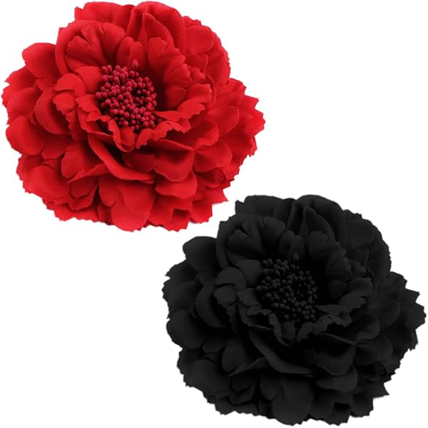 2 Pfingstrosen-Haarspangen – Großer Fascinator, Rot & Schwarz, Mit Klammer & Brosche, Für Hochzeit & Party