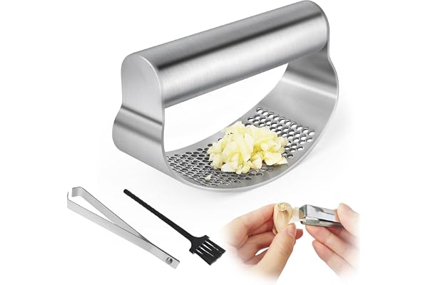 Wantli Presse-ail à bascule en acier inoxydable, Ecrase Ail Manuel, ustensile de cuisine portable, garlic press, avec éplucheur d'ail et brosse de nettoyage, facile à utiliser et à nettoyer