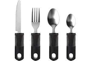 Jetisva Easy Grip Cutlery Set of 4 Black Disability Aids with Knife Fork Spoon Large Wide Handled Arthritis Hands Aids Cutlery Adaptive Eating Drinking Utensils for Disabled People Elderly Parkinson