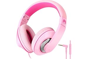 Rockpapa Comfort+ Kids Headphones, Wired Head phones Over Ear Headsets with Microphone for Kids Children Adult, Stereo Sound, Adjustable Headphones for School/Travel/Phone/PC/MP3-Pink