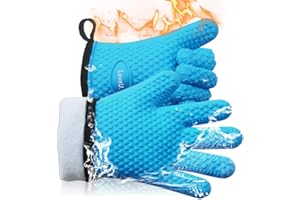 Loveuing Oven Gloves Heat Resistant, Silicone & Cotton Double Layer BBQ Gloves Non-slip Kitchen Gloves Waterproof Flexible Oven Mitts - Perfect for Baking Barbecue Pizza, 1 pair