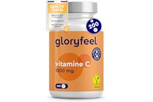 GLORYFEEL Vitamine C 1000mg 200 Comprimés, Antioxydant pour Os, Système Immunitaire, Peau, et Fatigue*, Cure de 7 Mois, Vitamine C Hautement Concentré avec L Acide Ascorbique Pure, Testé en Laboratoire