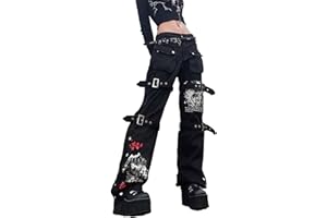 Madger Women Y2K High Waisted Jeans Loose Wide Leg Denim Trousers Graphic Print Baggy Cargo Pants Gothic Dark Punk Streetwear