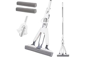 BANGMINDA Starpia Fregona de Esponja, 2×Super Absorbente PVA Cabeza de Trapeador 34CM, Absorción de Agua Mango Telescópico 135CM Rápida Limpieza de Suelos