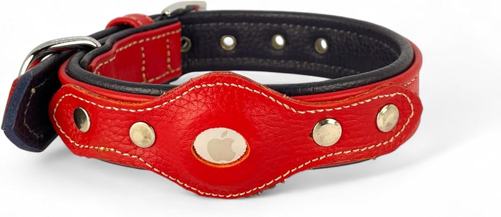 AirTag Uyumlu Flotter Deri Köpek Tasması – El Yapımı, Yumuşak & Dayanıklı, Çift Katmanlı Doğal Deri – Tornavida & Yedek Vida Dahil (Kırmızı - Lacivert, L)