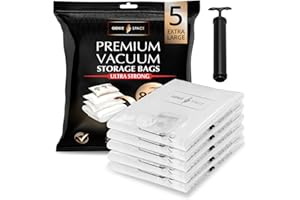 GENIE SPACE Sacs de Rangement Sous Vide Premium pour Vêtements, Linge et Voyage, Taille XL 100×80 cm, Hermétiques, Réutilisables et Anti-Odeur, Double Fermeture, Gain de Place, Lot de 5 avec Pompe
