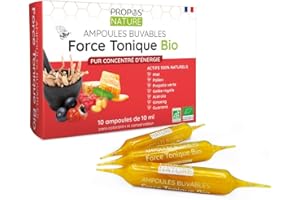 Force Tonique - 7 actis énergisant - Guarana, Ginseng, Acérola, Miel, Gelée Royale, Pollen, Propolis - 10 ampoules de 10 ml - Fabrication fançaise - Certifié Bio - PROPOS'NATURE