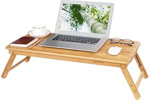 SONGMICS Laptoptisch, klappbarer und höhenverstellbarer Notebooktisch, mit Lüftungslöchern, für Links- und Rechtshänder, Betttisch aus Bambus mit Schublade, 72 x (21-29) x 35 cm (B x H x T) LLD004