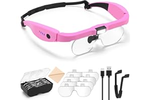 Exgoon Magnifying Glasses with Light, 1.5X to 5X Magnifying Glass with 4 Detachable Lenses, Hands Free Rechargeable Headband Magnifier for Close Work Hobbies Reading Crafts Jewelry (Pink)