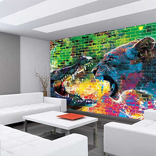 Vlies Fototapete 312x219cm PREMIUM PLUS Wand Foto Tapete Wand Bild Vliestapete – Graffiti Tapete Steinwand Steine Graffiti Tiere Krokodil Löwe Wasser bunt – no. 1918 - 6
