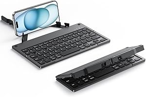 TECURS Foldable Bluetooth Keyboard with Stand, Rechargeable Travel Slim Portable Mini Folding Wireless Bluetooth Keyboard for iPad Tablet Smartphone iOS Android Windows, QWERTY UK Layout, Black
