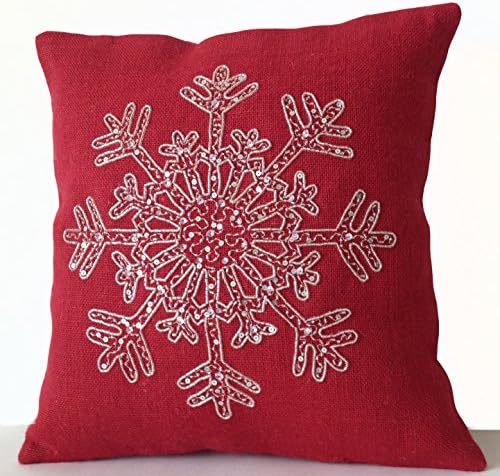 Amore Beaute Handmade Snowflake Cushion Covers in Red Hessian with Silver Sequin Beads Embroidery - Christmas Cushion Cover - Red Cushions - Snow Flake - Jute Cushion Covers - Christmas Cushion Covers - Silver Sequin Snow Cushion Covers - Christmas Decor - Winter Decor - Red Jute Cushion Cover - Sequin Cushion Cover - Couch Cushion Cover - Gifts - Christmas Cushion - Housewarming - Hostess Gift (18" x 18")