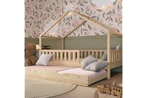 Crazy Pine hussäng med utdragssäng 120x200 cm – barnsäng i naturträ med fallskydd – Montessori golvsäng med låda med sovfunkt
