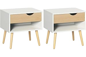 HOMCOM Set de 2 Mesitas de Noche Mesa Auxiliar Mesillas de Noche con Cajón y Estante de Almacenamiento para Dormitorio Salón Cama Oficina Estilo Moderno 50x39x51 cm Blanco y Roble