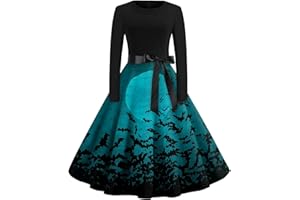 EZJOBLA Halloween Costumes for Women, Halloween Long Sleeve Round Neck Elegant Dress Halloween Party Dress Ladiess Bowknot A Line Dress Womens Halloween Outfits Prom Swing Printing Holiday Clothing