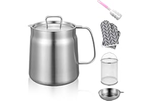 VBNZBK Filtro per Olio in Acciaio Inox da 2 Litri, Contenitore di Grasso con Coperchio Antipolvere Filtro a Maglia Fine Guanti Isolati e Spazzola a Tazza Rimovibile, Filtro Antigrasso Multifunzione