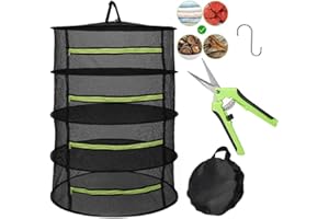 CERKKAPO 4-Lagiger Trockennetz,Trockennetz Kräuter,Kräuter-Trockenständer,Kräutertrockner Hängen,Trocknungssystem mit Grün Reißverschluss für Grow Zelt oder Gewächshaus,Trocknungsnetz mit Astschere und Haken