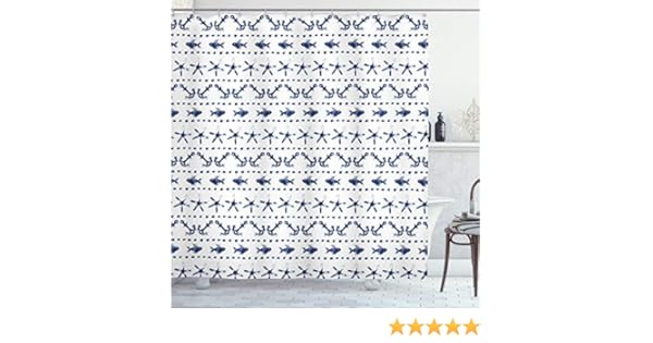 Fabric Bathroom Decor Set With Hooks 70 Inches Navy And White Navy Yatch Themed Design With Fish Starfish And Anchor Nautical Print Ambesonne Navy Blue Decor Shower Curtain Shower Curtain Sets