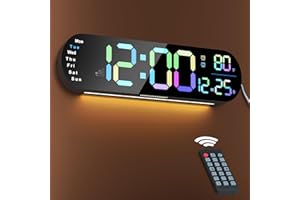 COMZLER 13.7 Zoll Wanduhr Digital Groß, große Digitale Wanduhr mit Timer-Fernbedienung, automatischem Helligkeitsdimmer, RGB-Nachtlicht, Doppelalarm, Wanduhren für Wohnzimmerdekor, Dekor, Geschenk, bunt