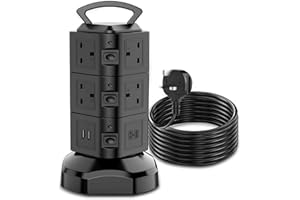 RELAXPAD Tower Extension lead 2M, 10 Way (13A 3000W) Surge Protected Extension Sockets with 2 USB C and 2 USB A, Multi Plug Socket with 3 Independent Switches,Power Strip for Home, Office, Kitchen