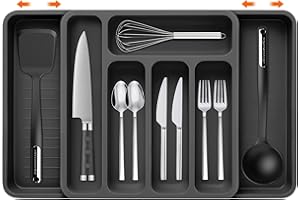 BGIUSQF Portaposate da Cassetto, Porta Posate Cucina Cassetto, Organizer Cassetti Cucina Espandibile, 7 Scomparti Portaposate da Cassetto 50 cm per Utensili, Cucchiai, Forchette e Coltelli, Nero