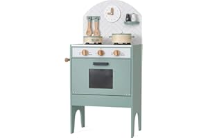 HOOGA PLAYROOM Hooga Toy Kitchen, Wooden Play Kitchen With Realistic Oven, Tea Towel Rail, Clock and Salt Pepper Pots, Mint Kitchen Playset With Utensils and Interactive Dials