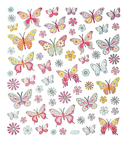 1 Bogen rosarote glitzernde Schmetterlinge und Blumen Sticker Aufkleber(63 Stück, 1 bis 4,5 cm groß)
