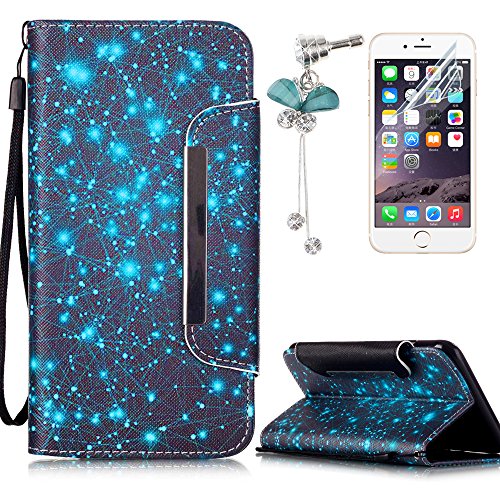 Preisvergleich Produktbild iPhone 5C Hülle,iPhone 5C PU Leder Flip Wallet Case Cover,Sunroyal Retro Elegant Schön Blau Schwarz Nacht Star Malerei Muster Entwurf Flip Magnetverschluss Wallet Kreditkarte ID Card Slots Handy Hülle mit Standfunktion Strip Bookstyle Handyhülle Tasche PU Schutz Etui Folio Schutzhülle für Apple iPhone 5C + Bling Glitzer Diamant Staub Stecker und Displayschutzfolie