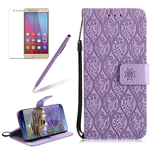 Wallet Case for Huawei Mate 7,Girlyard Premium Soft PU Leather Wallet Embossed Florals Design with [Wrist Strip] Stand Function Flip Case Shockproof Protective Skin Cover for Huawei Mate 7-Purple