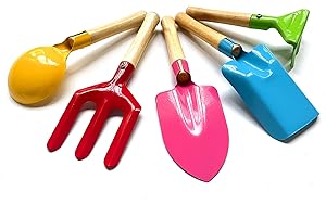 KY-Tech Kids Gardening Tools 5 Piece 8" Kids Gardening Set Safe Beach Sandbox Toy Made of Metal with Sturdy Wooden Handle Gardening Equipment Spoon, Fork, Trowel, Rake & Shovel for Children