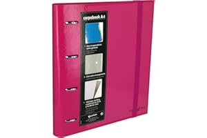 Grafoplás 88102054. Carpeta 4 anillas troqueladas A4 con sobre transparente, 4 separadores y 100 hojas, color rosa, 4 anillas de 35mm, cierre de goma. Carpbook Multiline