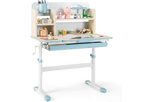 GYMAX Kids Desk, Height Adjustable Writing Table with Tiltable Desktop, Storage Shelf, Drawer, Pen Holder & Ruler, School Home Children Study Desk for 3-12 Years Old Boys Girls