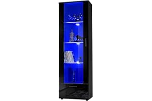 ExtremeFurniture Carcass T40 Tall Display Cabinet Multicolour LEDs with Remote, Black Matt/Black High Gloss