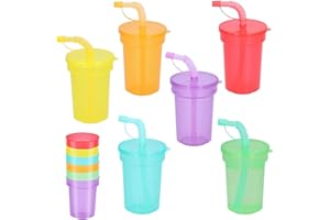 TANGHSE 6 Pcs 380ml Kids Plastic Drinking Tumbler Cups, Neon Sipper Cups with Lids & Straw, BPA Free Reusable Childrens Plastic Cup, Iced Water Drinking Cup, Smoothie Cup Travel Mugs for Travel Trip School