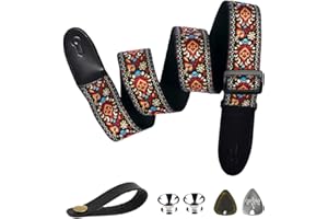 BetterJonny Gitarrengurt, Basicon Verstellbarer Gitarren-Gurt Gitarrenband Guitar Strap mit Lederenden Plektrum Knöpfe Gitarrenhals Gurt für E-Gitarre Akustikgitarre Bass