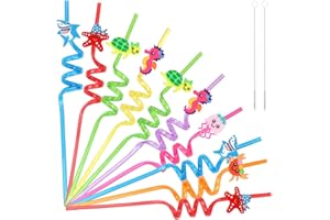 MELEAGER Cannuccia per bambini, 10 riutilizzabili, animali marini con spazzola di paglia, colorate in plastica come accessorio per feste di compleanno e hawaiane