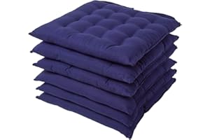 ‎HOMESCAPES Homescapes 6er Set Stuhlkissen 40 x 40 cm, dunkelblau, Sitzkissen mit Bändern und Knopfverschluss, einfarbige Auflagen für Stühle mit Bezug aus 100% Baumwolle und weicher Polyester-Füllung, blau