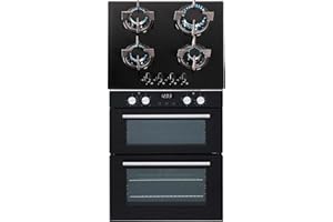 SIA 60cm Black Built Under Double Electric Fan Oven & SIA 4 Burner Gas Glass Hob