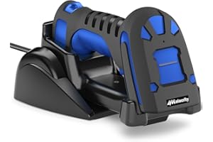 Alacrity Upgraded 2D Industrial Barcode Scanner with Wireless Charging Stand, 1968 Feet Transmission Distance 433Mhz Wireless & Bluetooth 2in1 Barcode Reader, Shock Dust Proof Hands Free, Blue