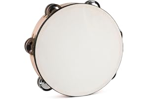 LIEKE Goatskin Tambourine 8 Inch Hand Held Drum with 6 Pairs Double Row Metal Jingles for Adult kids Church Music Classroom Dance Party Game Props (8 inch)