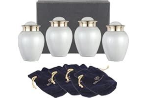 BOLD & DIVINE Heavenly Peace Pearl White Andenken-Urnen | klein | 7 cm hoch | Set von 4 | für Mensch oder Haustier Asche mit einzelnen Samtbeuteln