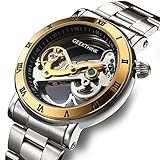 AFFUTE Automatische Mechanische Herrenuhren Klassische Skeleton Edelstahlarmband Selbst Wind Analoge Armbanduhr Silber