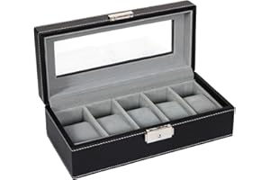 SONGMICS BoÎte À Montres À 5 Emplacements, Coffret À Montres, Écrin, Couvercle en Verre, Coussinets Amovibles, Serrure en MÉtal, RevÊtement en Noir et Doublure en Gris JWB05B
