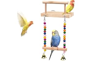 TeTupGa Bird Perches Cage Toys, Parrot Wooden Platform Stand with Swing Bell Swing Hanging Standing Chewing Toy Bird Cage Accessories for Parakeet, Cockatiels, Conures, Budgie, Lovebird