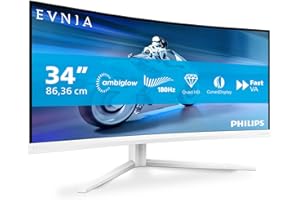 Philips Evnia 34M2C5501A - 34 inch WQHD Curved Gaming Monitor, 180 Hz, 1 ms, FreeSync Premium, Ambiglow (3440x1440, 2x HDMI 2.0, 1x DisplayPort 1.4, USB Hub) white