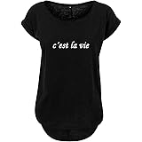 Ladies Fashion Light Oversize Tank Top C'est la Vie - Black & White - Back Cut Longer Oversize with Motif