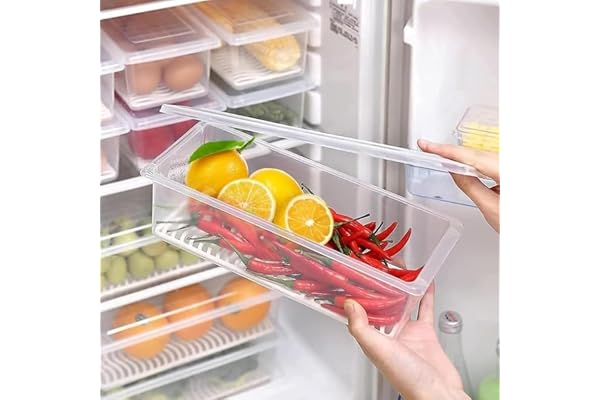 Fridge Storage Box -TEKCOOL (Pack of 6), Fridge Organiser Storage Boxes with Removable Drain Plate, Lids, Stackable Organizer, Fridge Storage Box Keep Fruits, Vegetables Fresher, 1500 ML