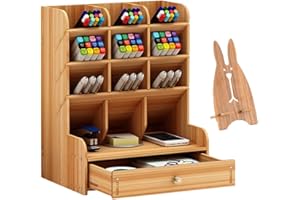 VIKMYER Mnkyer Organizzatore da Scrivania in Legno Scatola di Penne da Scrivania Multifunzione per Desktop in Casa Forniture per Ufficio Scolastico con Cassetto (Ciliegia)